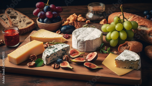 French cheese platter with grapes, nuts and crackers on wooden table. Generative AI 