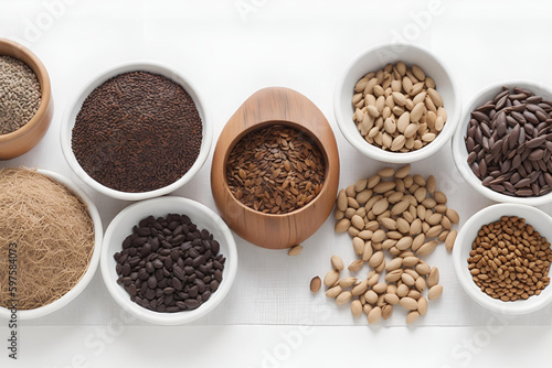 Multitude of various seeds on neutral white background