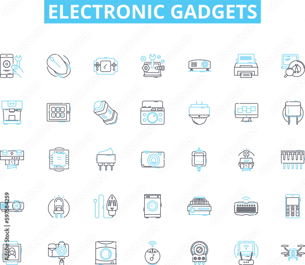 Electronic gadgets linear icons set. smartph, tablet, laptop, desktop, camera, earbuds, smartwatch line vector and concept signs. dr,projector,headset outline illustrations Electronic gadgets linear icons set. smartph, tablet, laptop, desktop, camera, earbuds, smartwatch line vector and concept signs. dr,projector,headset outline illustrations