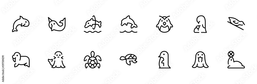 Marine mammal icon, dolphin, shark, whale, seal flat icon vector and illustration, graphic, editable stroke. Suitable for website design, logo, app, template, and ui ux.
