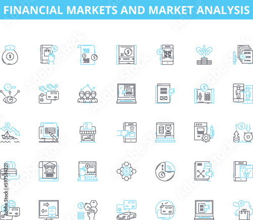 Financial markets and market analysis linear icons set. Stocks, Bonds, Commodities, Investments, Trading, Derivatives, Volatility line vector and concept signs. Liquidity,Hedging,Risk outline