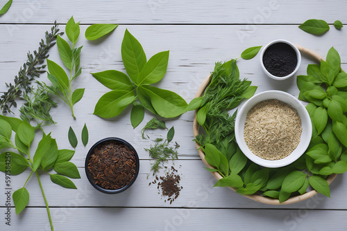 various herbal leaves and seeds on neutral background