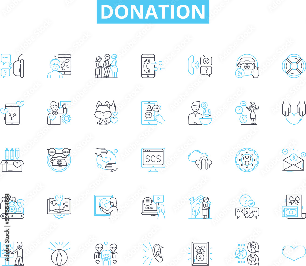 Donation linear icons set. Charity, Generosity, Contribution, Philanthropy, Altruism, Support, Aid line vector and concept signs. Giving,Endowment,Charity drive outline illustrations Donation linear icons set. Charity, Generosity, Contribution, Philanthropy, Altruism, Support, Aid line vector and concept signs. Giving,Endowment,Charity drive outline illustrations
