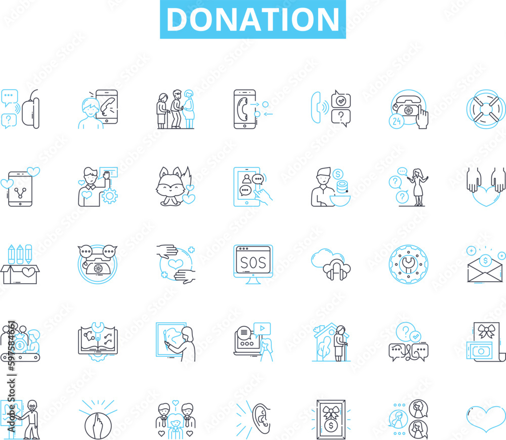 Donation linear icons set. Charity, Generosity, Contribution, Philanthropy, Altruism, Support, Aid line vector and concept signs. Giving,Endowment,Charity drive outline illustrations