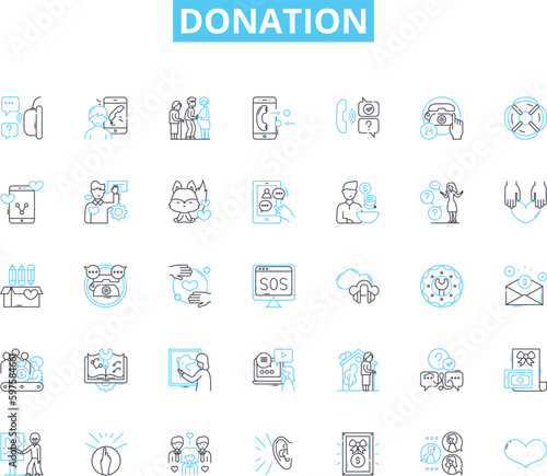 Donation linear icons set. Charity, Generosity, Contribution, Philanthropy, Altruism, Support, Aid line vector and concept signs. Giving,Endowment,Charity drive outline illustrations