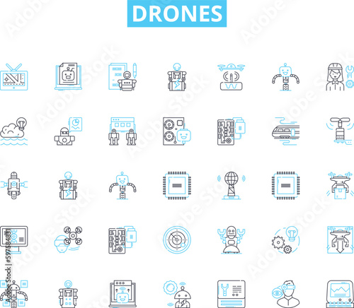 Drones linear icons set. Flying, Quadcopters, Remote-controlled, Unmanned, Hovering, Aerial, Surveillance line vector and concept signs. Photography,Precision,Autonomous outline illustrations