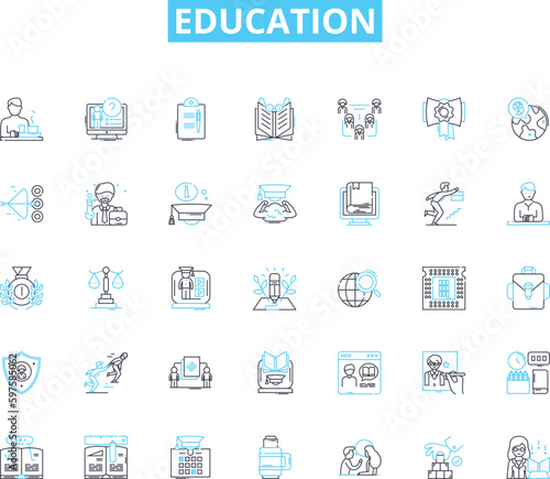 Education linear icons set. Learning, Knowledge, Teaching, Instruction, Curriculum, Classroom, Exam line vector and concept signs. Marker,Lecture,Study outline illustrations