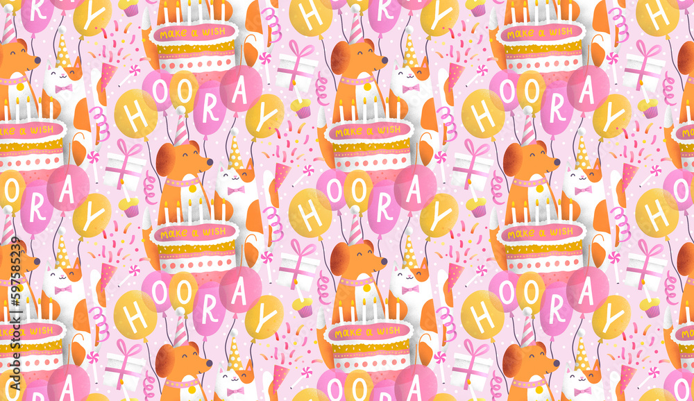 Seamless pattern with cute dog and cat at the birthday party. Cheerful background with balloons, cake, candles and presents. 