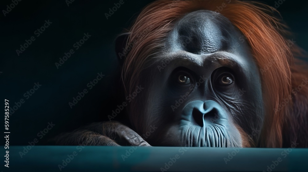 A Portrait of an orangutan monkey hiding behind blue. Generative ai