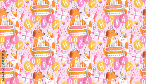 Seamless pattern with cute dog and cat at the birthday party. Cheerful background with balloons, cake, candles and presents.  (ID: 597585239)