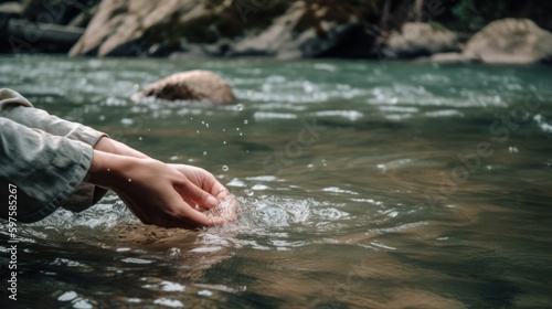 A female hand touching the river water. Generative ai © cac_tus
