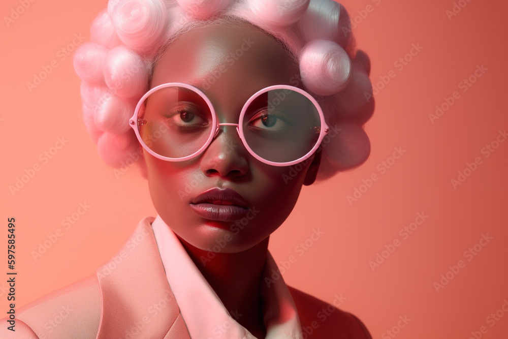 Portrait of beautiful woman wearing pink eyeglasses and suit. AI generated image.	