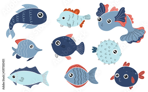 Abstract flat sea fish. Various tropical marine and ocean fish with minimalistic pattern, marine collection of different kids fishes illustration. Vector cartoon underwater fauna isolated set