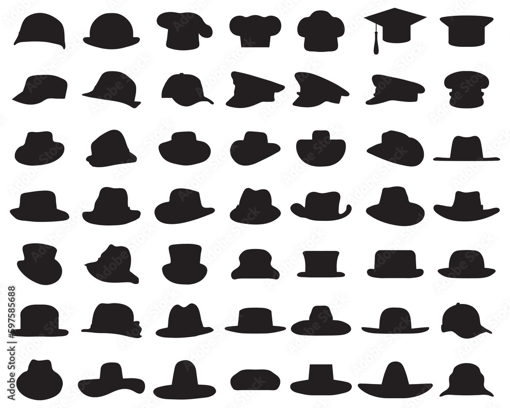 Black silhouettes of various caps and hats on a white background	 - obrazy, fototapety, plakaty 