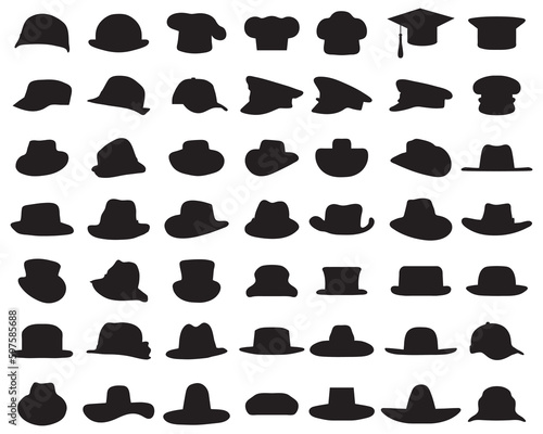 Black silhouettes of various caps and hats on a white background 