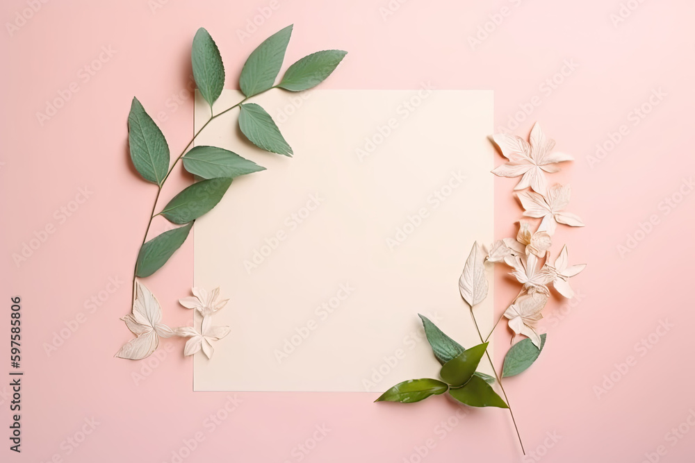 Flat lay with flowers, roses, minimalistic and serene. Perfect for illustrations or weddings.