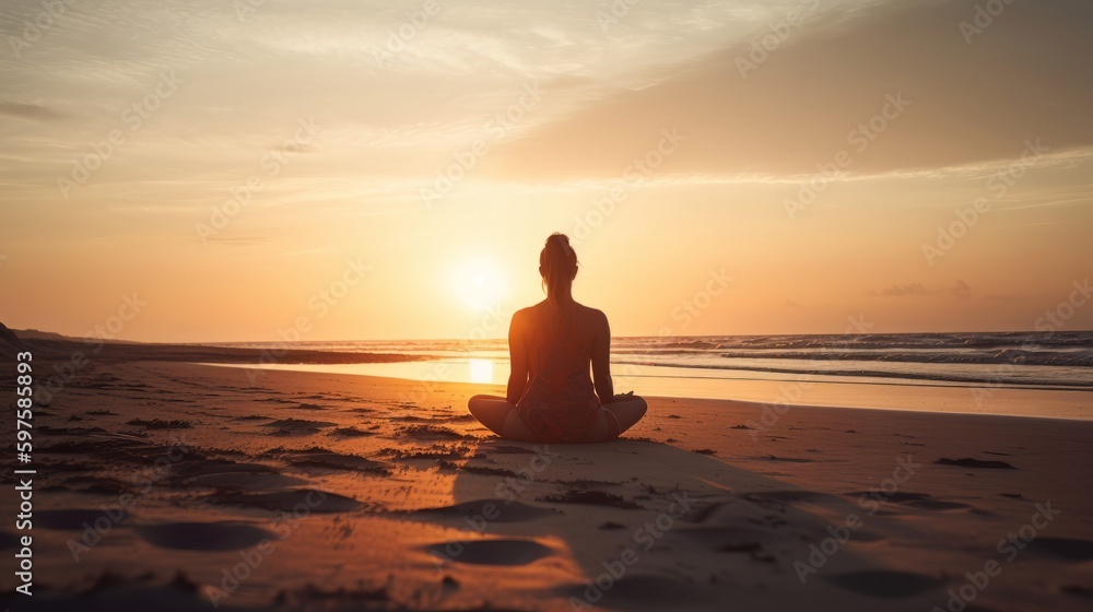 A woman practicing yoga on a beach. Generative ai