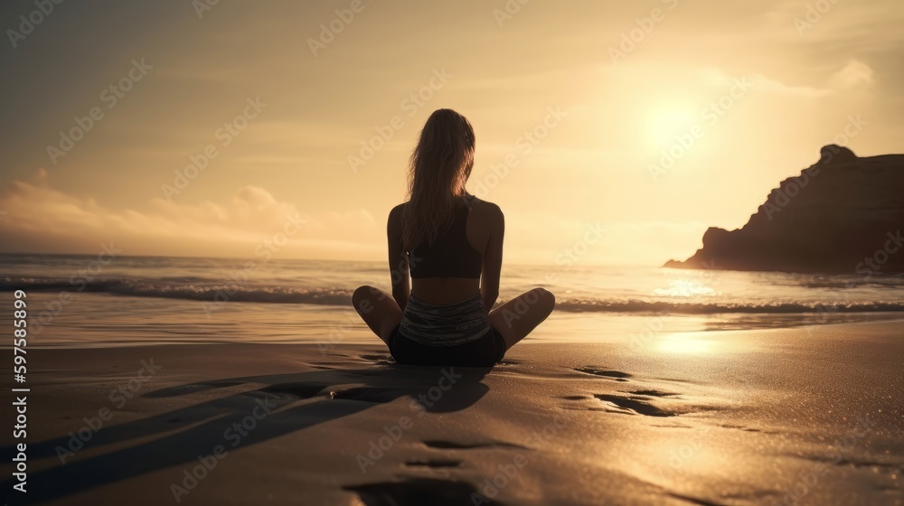 A woman practicing yoga on a beach. Generative ai