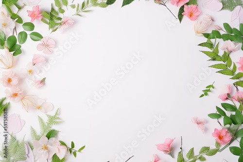 Flat lay with flowers, roses, minimalistic and serene. Perfect for illustrations or weddings. © Niels