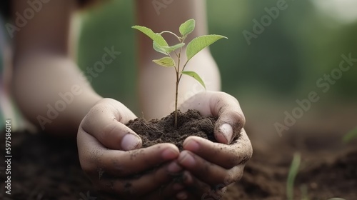 Hand child holding the small tree for planting. Generative ai