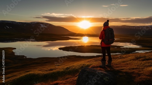 Hiker enjoying midnight sun during arctic summer. Generative ai
