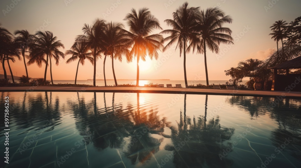 Obraz premium Palm trees and swimming pool at tropical resort beach. Generative ai
