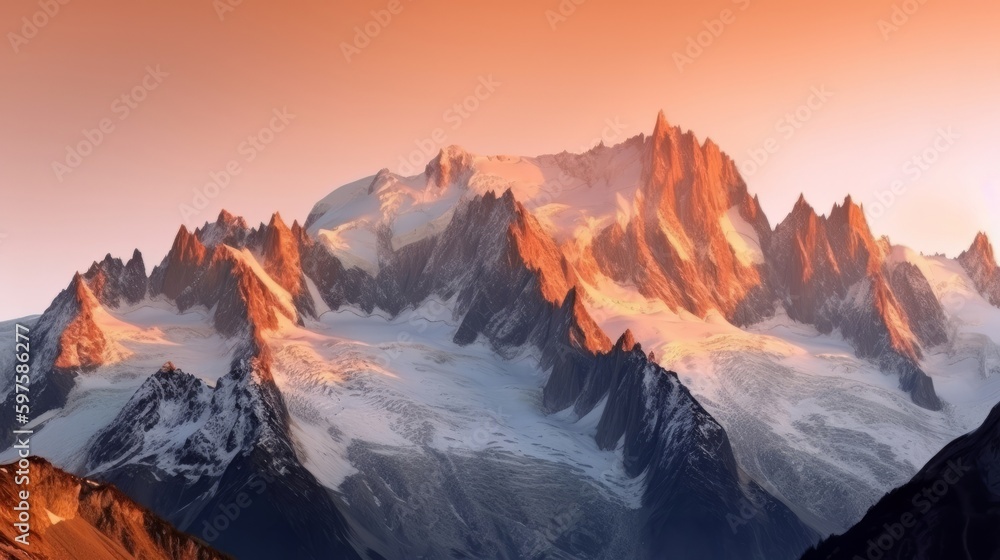 Fototapeta premium Panoramic view of Mont Blanc mountain in the Alps sun. Generative ai