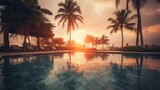 Palm trees and swimming pool at tropical resort beach. Generative ai