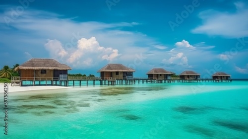 Over water villas and white sand beach on tropical isl. Generative ai © cac_tus