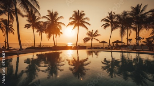 Palm trees and swimming pool at tropical resort beach. Generative ai © cac_tus