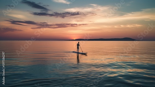 Person stand up paddle boarding dusk quiet sea sunset . Generative ai