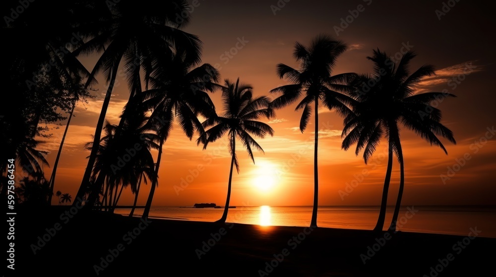 Silhouette coconut palm trees on beach at sunset. Generative ai