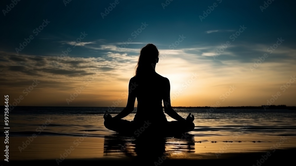 Silhouette young woman practicing yoga lotus position. Generative ai