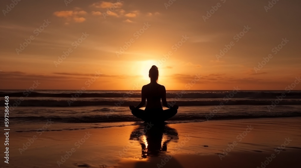 Silhouette young woman practicing yoga lotus position. Generative ai