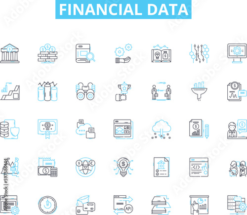 Financial data linear icons set. Investments, Stocks, Bonds, Income, Dividends, Trading, Forecasting line vector and concept signs. Budgeting,Analysis,ROI (Return on Investment) outline illustrations