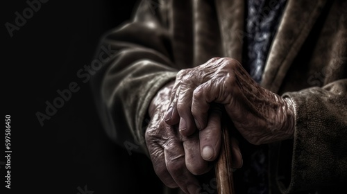 Senior wrinkled hands holding walking stick. Generative ai