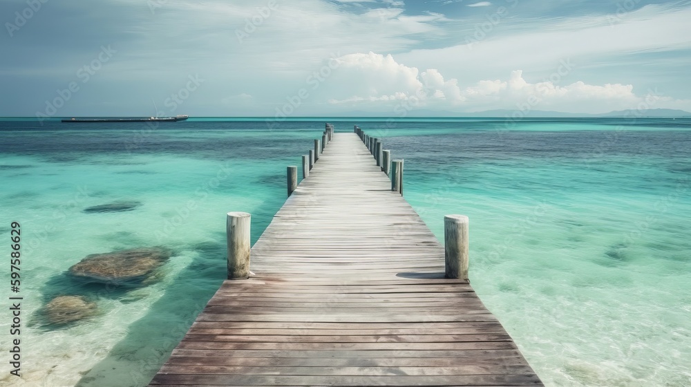 Fototapeta premium Tropical beach landscape with wooden pier above trans. Generative ai