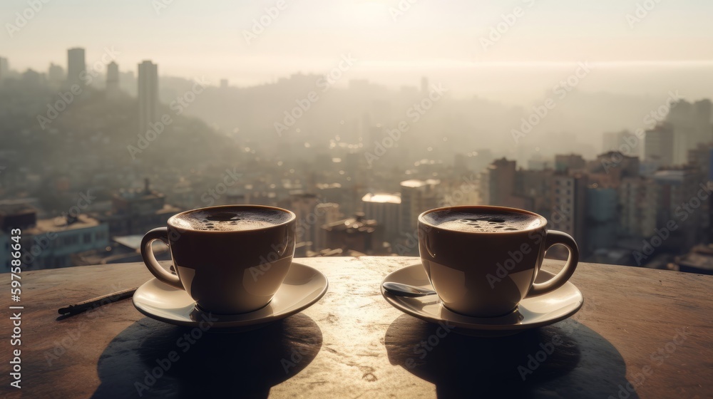 Two cups of coffee with panoramic view of a city. Generative ai