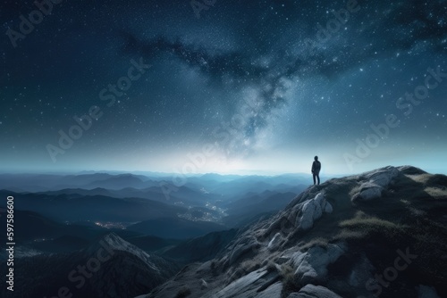 person stand on top of mountain against stars Generative AI