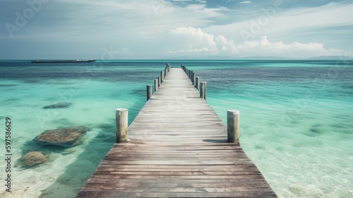 Tropical beach landscape with wooden pier above trans. Generative ai © cac_tus