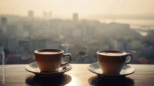 Two cups of coffee with panoramic view of a city. Generative ai