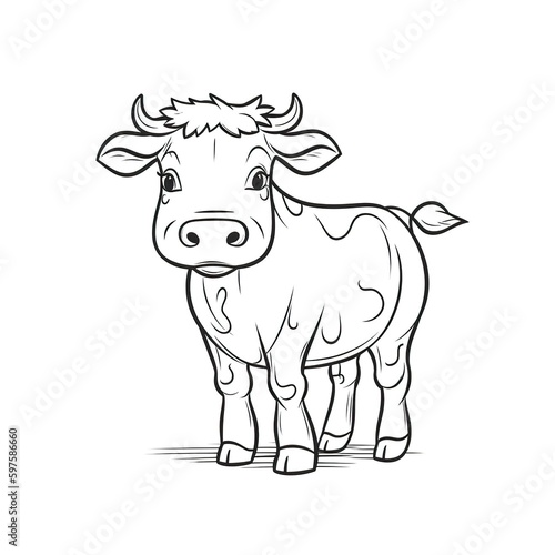 Kids coloring page of a cow in the farm that is blank and downloadable for them to complete. Hand drawn cow outline illustration. Animal doodle outline realistic illustration. Creative AI