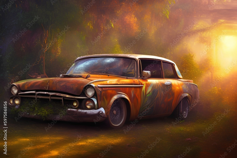 Fototapeta premium Jungle sunset and old car, unfinished abstract oil painting - generative ai