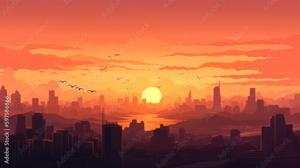 World Cities Day concept sunset sky with city rooftop. Generative ai