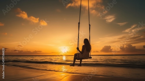 Woman relaxing on swing tropical paradise beach at sun. Generative ai