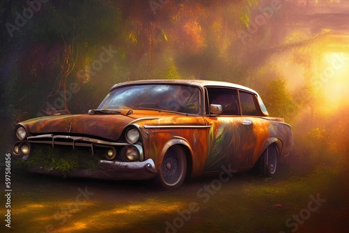 Jungle sunset and old car, unfinished abstract oil painting - generative ai