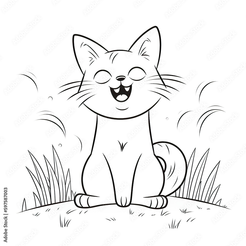 Obraz premium Kids coloring page of a cat on the grass that is blank and downloadable for them to complete. Hand drawn cat outline illustration. Animal Doodle outline realistic illustration. Creative AI