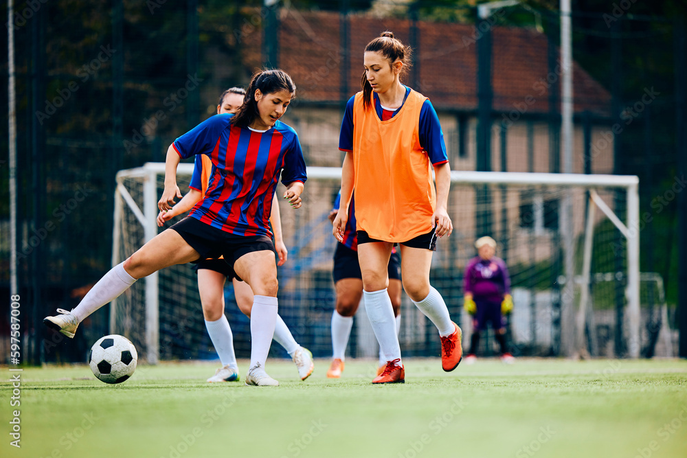 Young sportswoman trying to pass her rival during soccer practice on playing field. Young sportswoman trying to pass her rival during soccer practice on playing field.
