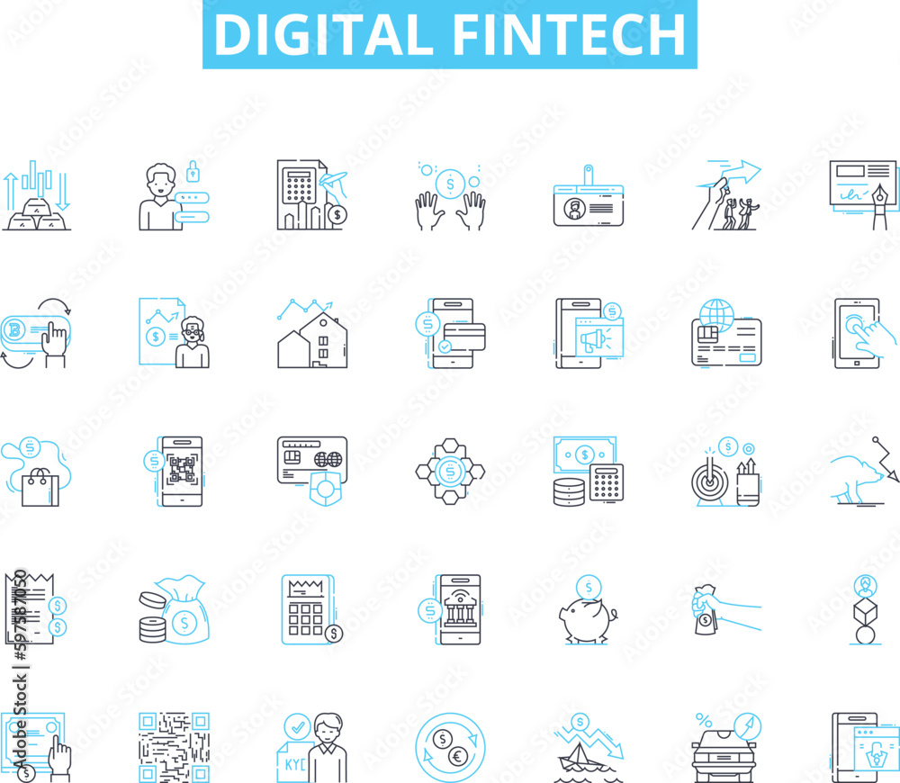 Digital fintech linear icons set. Cryptocurrency, Blockchain, Peer-to-peer, Mobile, Artificial Intelligence, Virtual, Transfers line vector and concept signs. Online,e-Wallets,Digital banking outline