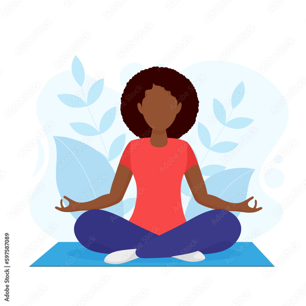 A woman with curly short hair meditating and sitting on a rug. Illustration for yoga, meditation, and healthy lifestyle. Vector illustration in flat cartoon style. A woman with curly short hair meditating and sitting on a rug. Illustration for yoga, meditation, and healthy lifestyle. Vector illustration in flat cartoon style.